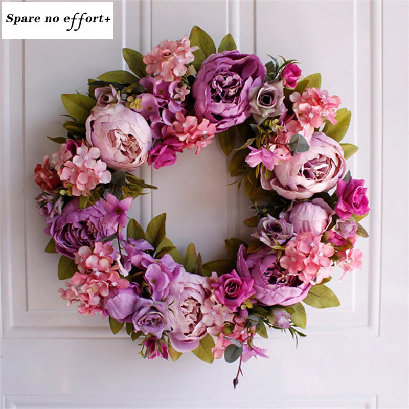 

Easter Wreath Light purple Flower Natural Rattan Garland Retro Door Wall Decoration Peony Artificial Wreath Wedding Decor