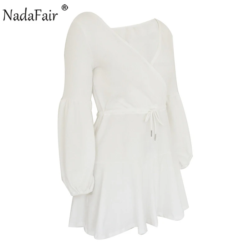 Nadafair long puff sleeve knitted autumn winter dresses women deep v neck casual elastic waist lace up sweater sexy mini dress 22