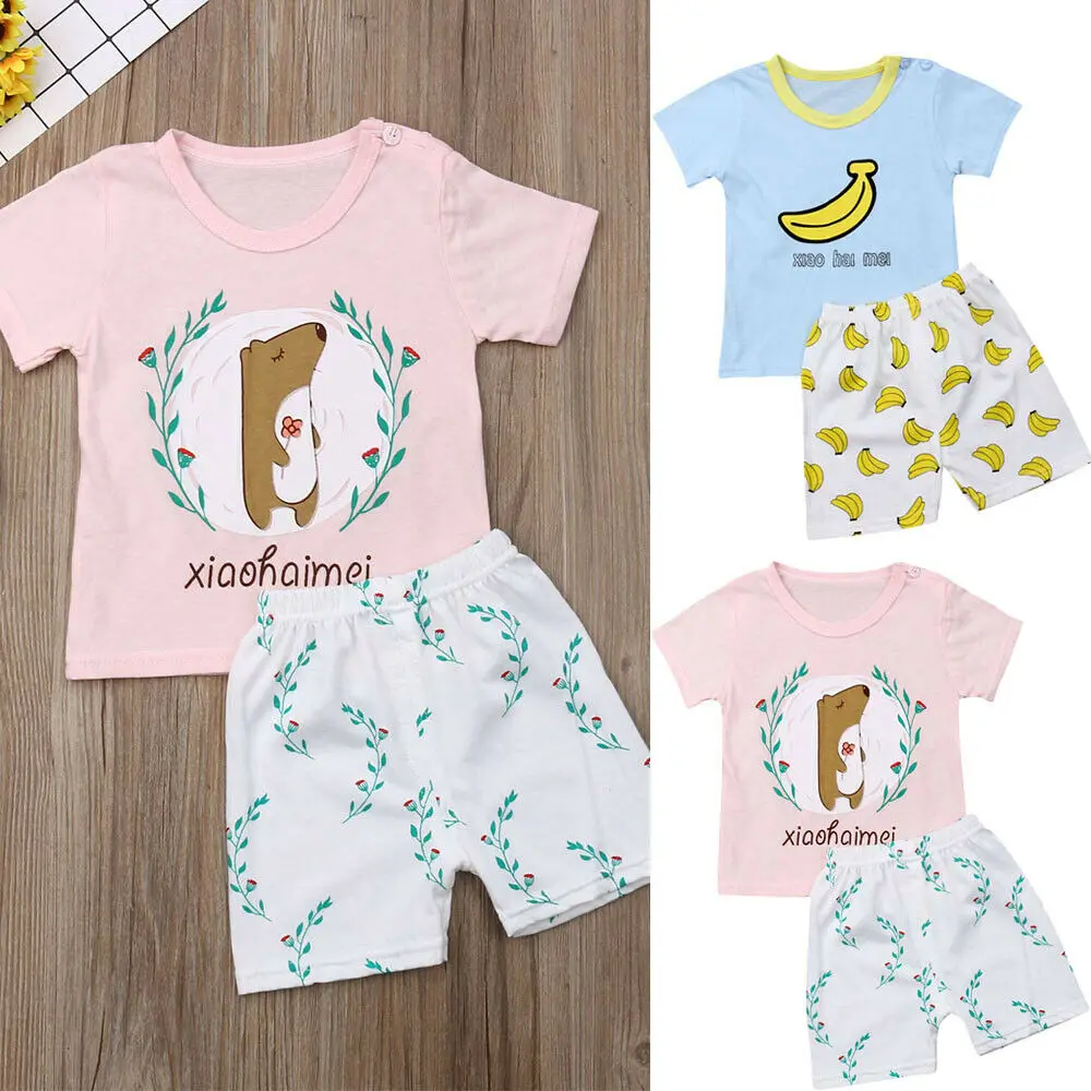 Фото 6M-5Y Kids Baby Clothes Girls Boys Cartoon Animal Tops T-shirt + Banana Leaf Print Shorts Summer Casual Outfits Set | Мать и ребенок