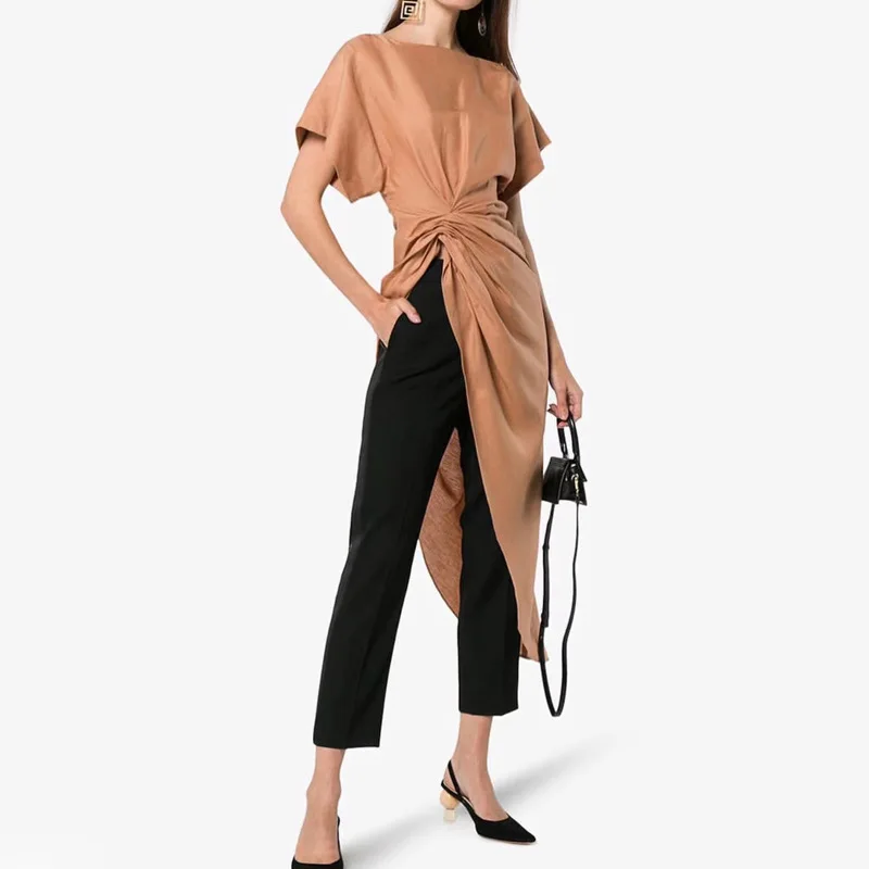 

Autumn Linen Ruched Dress Women Tunic High Waist Asymmetrical Long Dresses Short Sleeve Slim Irregular Women's Dress Vestidos