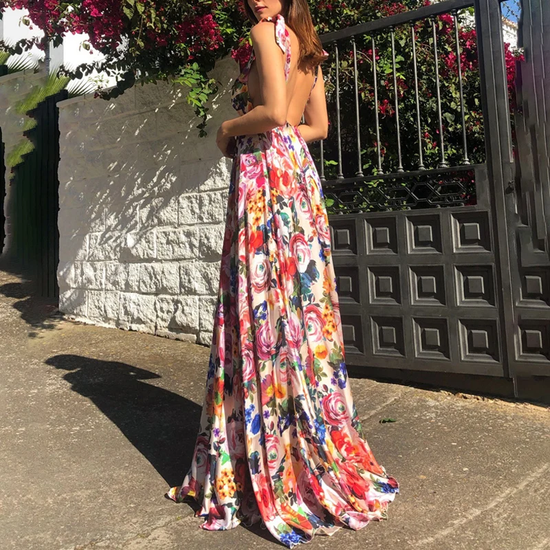 Women's floral dress Casual Vacation Deep V-neck Halter backless Waist Defined A-line party Dress elegant boho beach dresses
Women's floral dress Casual Vacation Deep V-neck Halter backless Waist Defined A-line party Dress elegant boho beach dresses