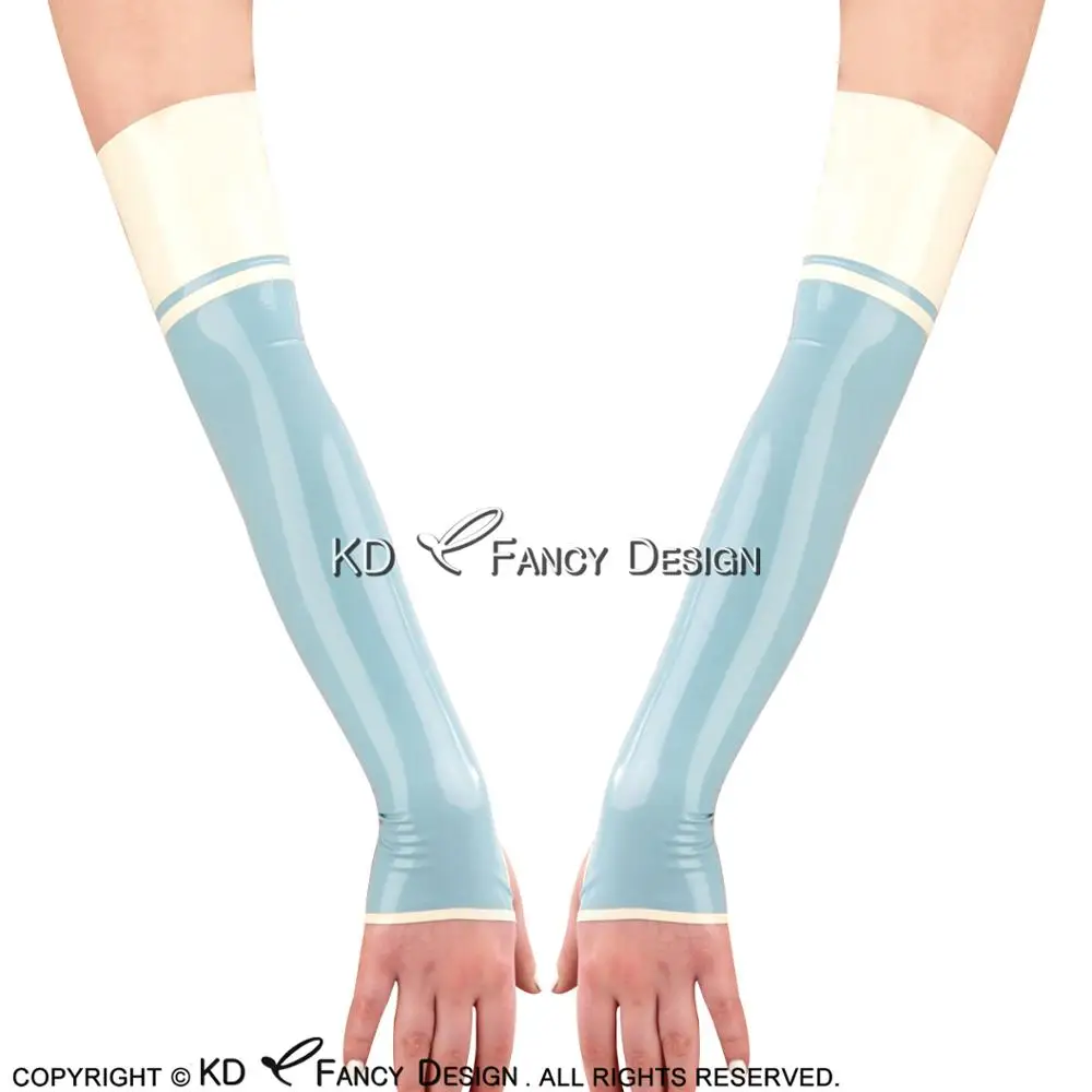 Lake Blue With White Stripe Decorations Sexy Long Latex Gloves Fingerless Rubber Mittens ST-0042
Lake Blue With White Stripe Decorations Sexy Long Latex Gloves Fingerless Rubber Mittens ST-0042