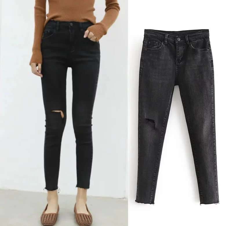 Фото Женские джинсы-карандаш хлопковые облегающие брюки-карандаш черного цвета | Узкие джинсы (32927268693)