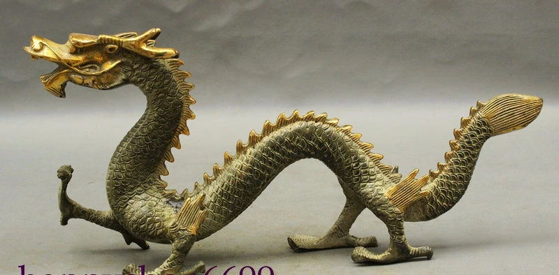 12" China FengShui Bronze Gilt Exorcise Evil Spirits Run Dragon Statue Sculpture
