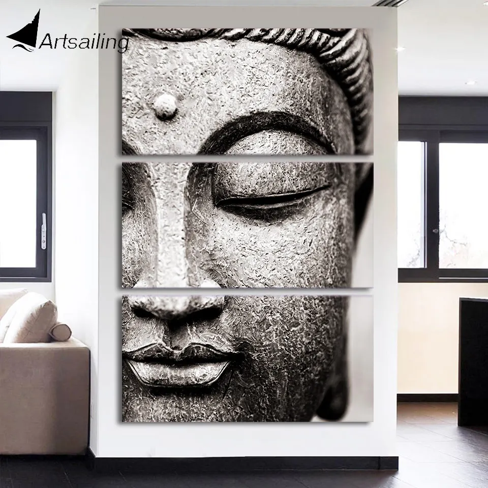 Картина на холсте с тремя панелями artsail настенное искусство серая статуя Будды