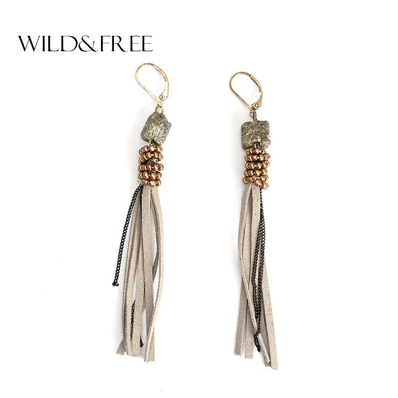 Image WILD   FREE Women Vintage Gray Natural Stone Suede Tassel Drop Earrings Zinc Alloy Gold Bead Long Dangle Earrings Jewelry Gift