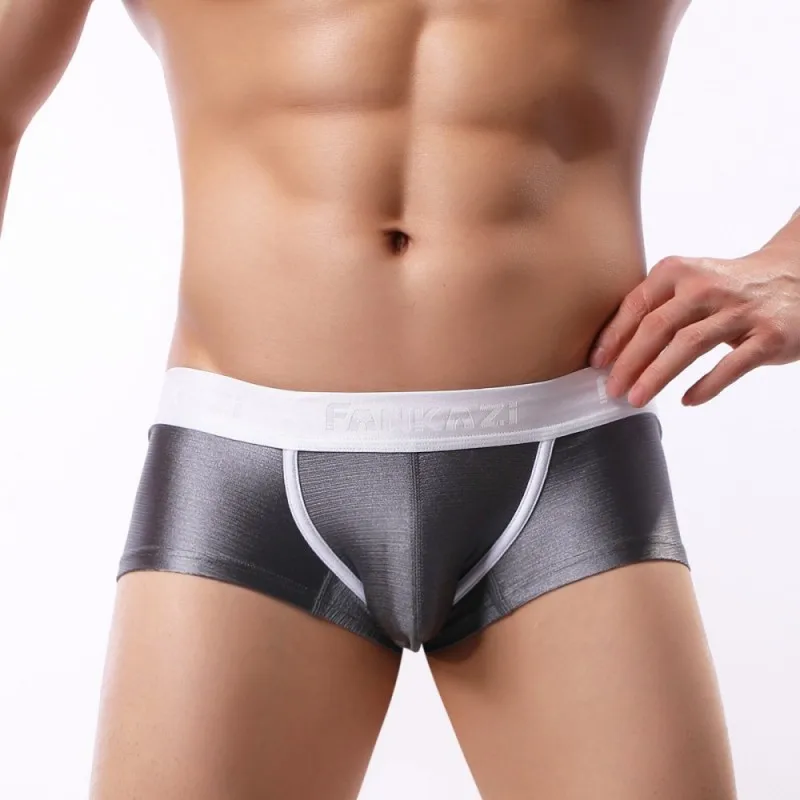 

New Style Men's Bulge Pouch Boxer Trunks Smooth Brushed Metal Sexy Low-rise Underwear Shorts Underpants Bottoms Cueca