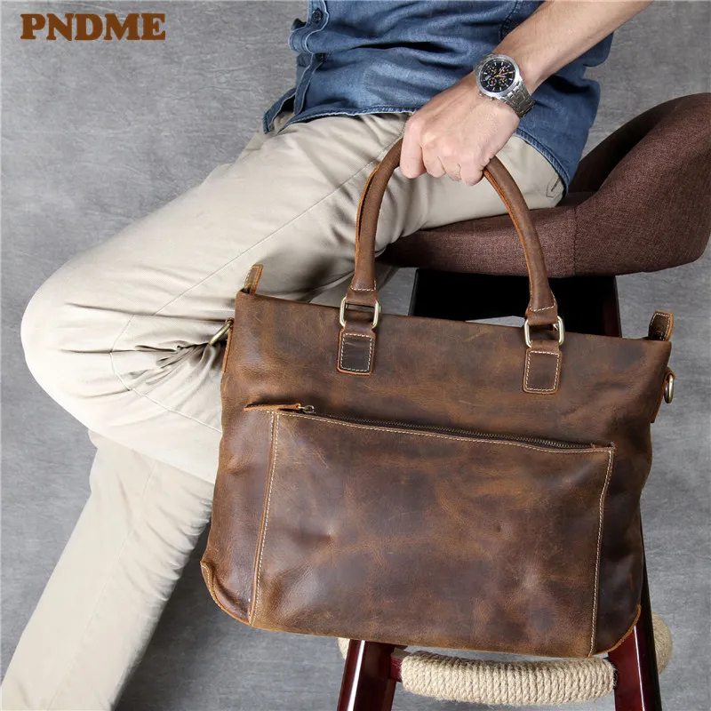

PNDME high quality crazy horse leather men's briefcase retro casual simple handmade laptop bag shoulder handbag diagonal package