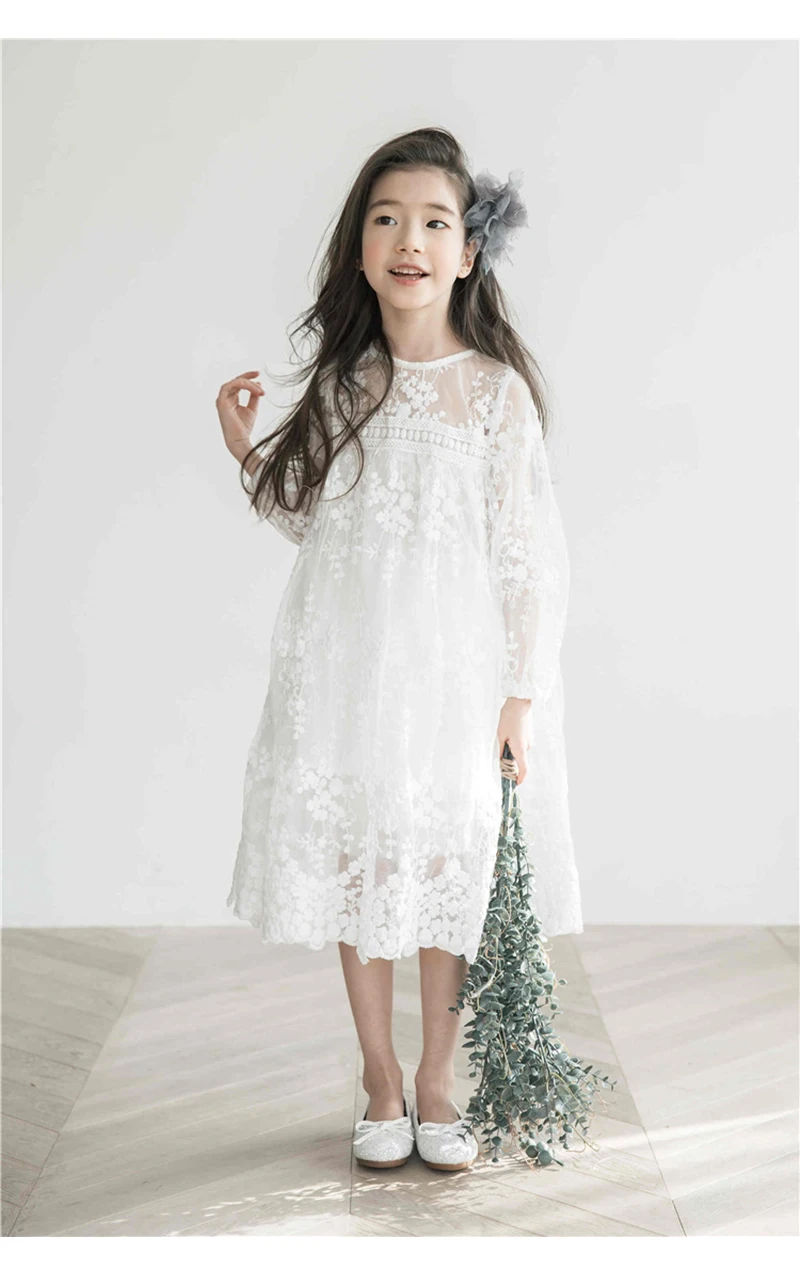 Figwit Teen Girls Lace Dress White Mesh Spring Autumn Flower Dress