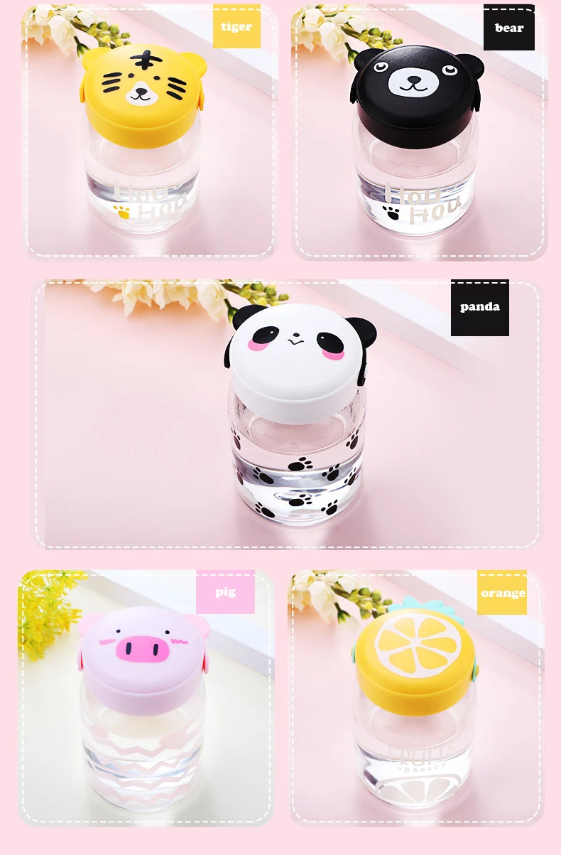 Glass Water Bottle Sports BPA Free for Kids Animal Fruit Portable Cute Water Bottle Drinkware Tour Bottles for Children Cartoon (18)
