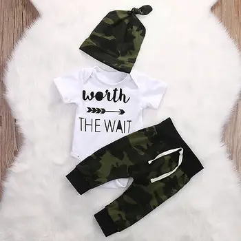 3Pcs Newborn Baby Girl Boy white short sleeve arrow and letter printed bodysuit +Camouflage Pants Hat Outfits Clothes 0-18M
3Pcs Newborn Baby Girl Boy white short sleeve arrow and letter printed bodysuit +Camouflage Pants Hat Outfits Clothes 0-18M