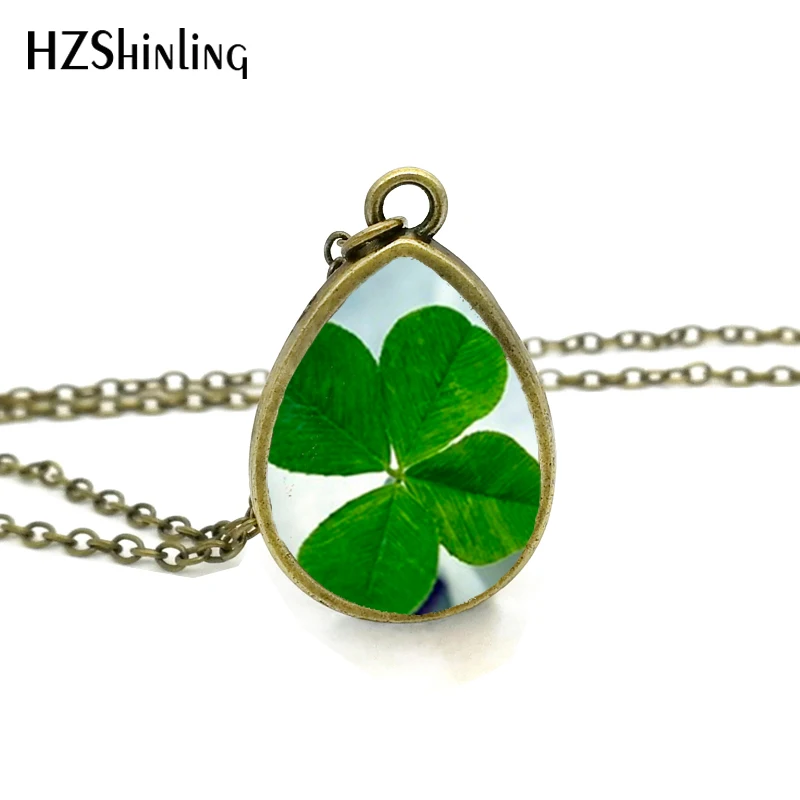 

2017 New Four Leaf Clover Necklace Tear Drop Pendant Jewelry Autumn Leaves Photo Pendants Glass Necklaces Lucky Chain