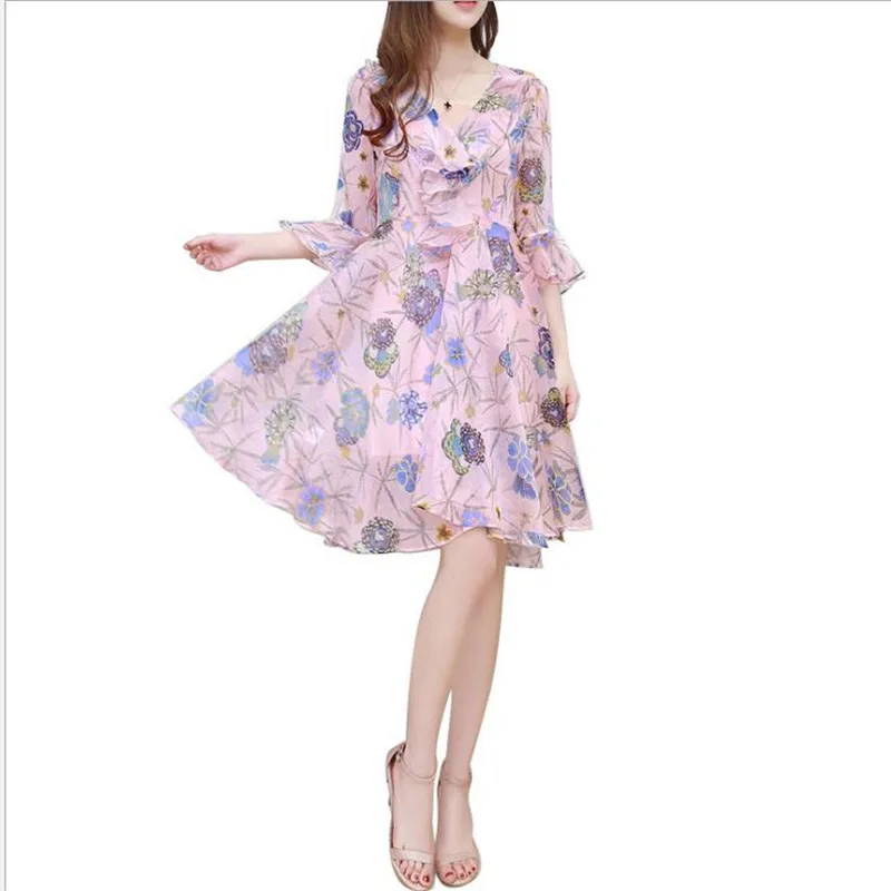 Женское шифоновое платье с принтом летнее облегающее платье-трапеция v-образным