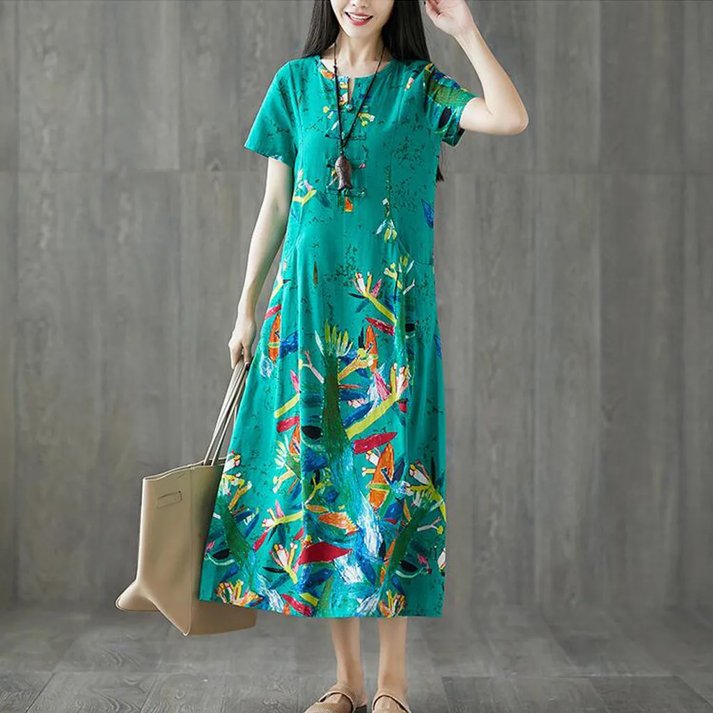 Women's Round Neck Short-Sleeved Vestdiaos Printed Cotton And Linen Dress Floral Dress Evening Party Summer Beach Long Dress
Women's Round Neck Short-Sleeved Vestdiaos Printed Cotton And Linen Dress Floral Dress Evening Party Summer Beach Long Dress