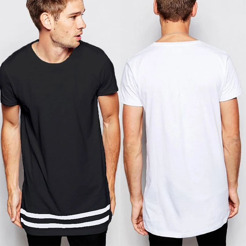 

Men's Hem Striped T-shirt Extended Longline Hipster Tee Male Fashion Streetwear Tops Tee Homme Hip Pop T shirt with Striped Hem