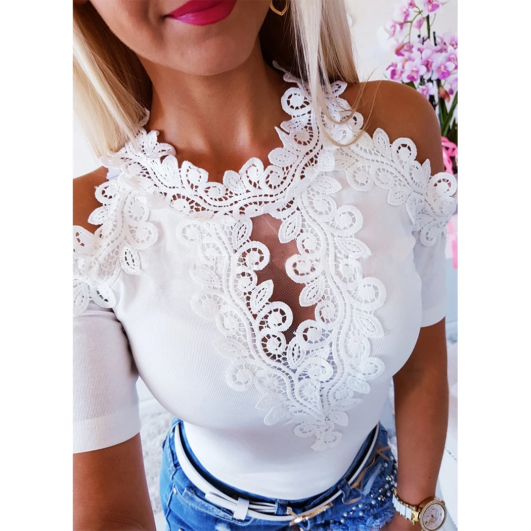 Women Lace Floral T-Shirt Tops Sexy Cold Shoulder Hollow Out T Shirt 2019 Summer Ladies Slim Fit Tshirt Tee Shirt Femme Blusas
Women Lace Floral T-Shirt Tops Sexy Cold Shoulder Hollow Out T Shirt 2019 Summer Ladies Slim Fit Tshirt Tee Shirt Femme Blusas