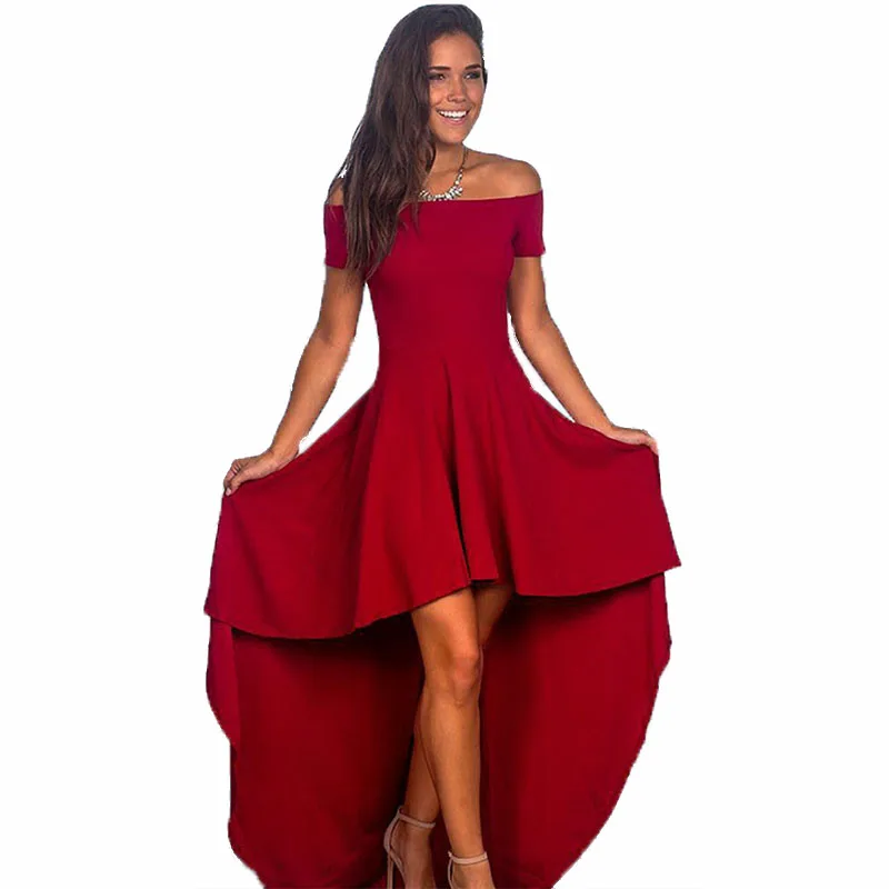 

AECU Summer Dress 2021Women'S Fashion Elegant Party Dresses Slash Neck Off Shoulder Skater Dress Solid Irregular Dresses