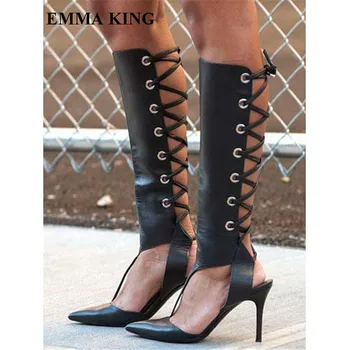 Runway Black Cut-out Knee High Boots Pointed Toe Thin High Heels Dress Strip Shoes Women T-tied Gladiator Long Sandals Boots
Runway Black Cut-out Knee High Boots Pointed Toe Thin High Heels Dress Strip Shoes Women T-tied Gladiator Long Sandals Boots