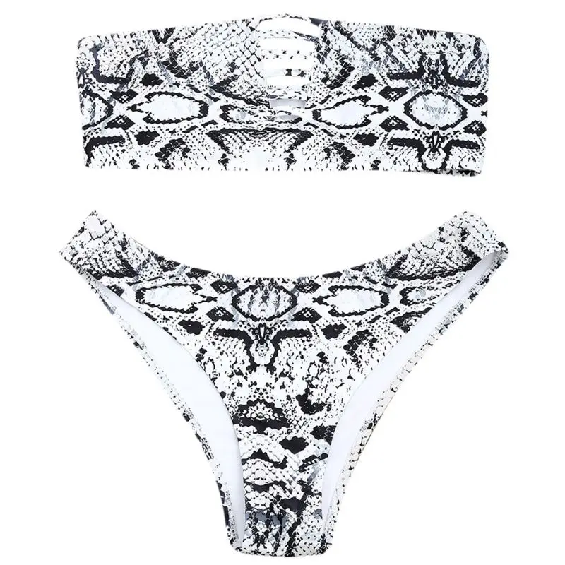 

Women Sexy Bikini Off Shoulder Strapless Hollowed Strappy Bandeau Low Waist Thong Ethnic Retro Snakeskin Printed Swimsuit