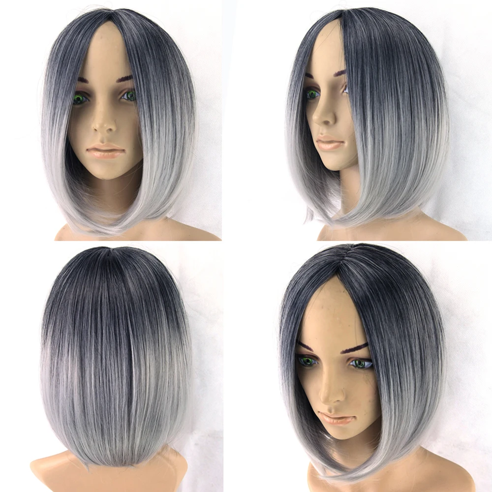 Omber Wig Grey Wig Black To Gray Short Women Hair Wigs Synthetic