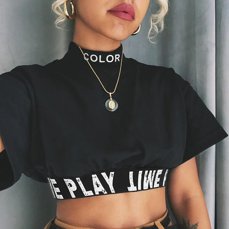 2018 New Women Summer Letter Print Patchwork T-shirt Short Sleeve Navel Bare Crop Tops Sexy Casual Stand Neck Fashion T Shirt
2018 New Women Summer Letter Print Patchwork T-shirt Short Sleeve Navel Bare Crop Tops Sexy Casual Stand Neck Fashion T Shirt