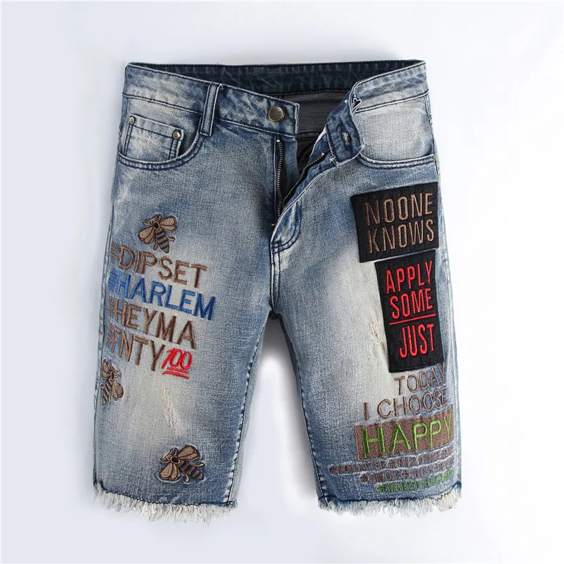 Embroidery Letter Bee Ripped Summer Capri Men's Fashion Biker Casual Distressed Hem Tassel Blue Denim Short Jeans High Quality
Embroidery Letter Bee Ripped Summer Capri Men's Fashion Biker Casual Distressed Hem Tassel Blue Denim Short Jeans High Quality
