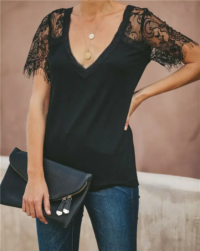 Women Lace Patchwork Short Sleeve Tops Summer Women's Fashion Top Sexy V-Neck Short Sleeve Casual T-Shirt
Women Lace Patchwork Short Sleeve Tops Summer Women's Fashion Top Sexy V-Neck Short Sleeve Casual T-Shirt
