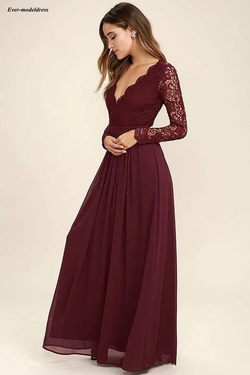 Burgundy-Chiffon-Bridesmaid-Dresses-Long-Sleeves-Summer-Country-Style-V-Neck-Backless-Long-Beach-Lace-Top_conew1