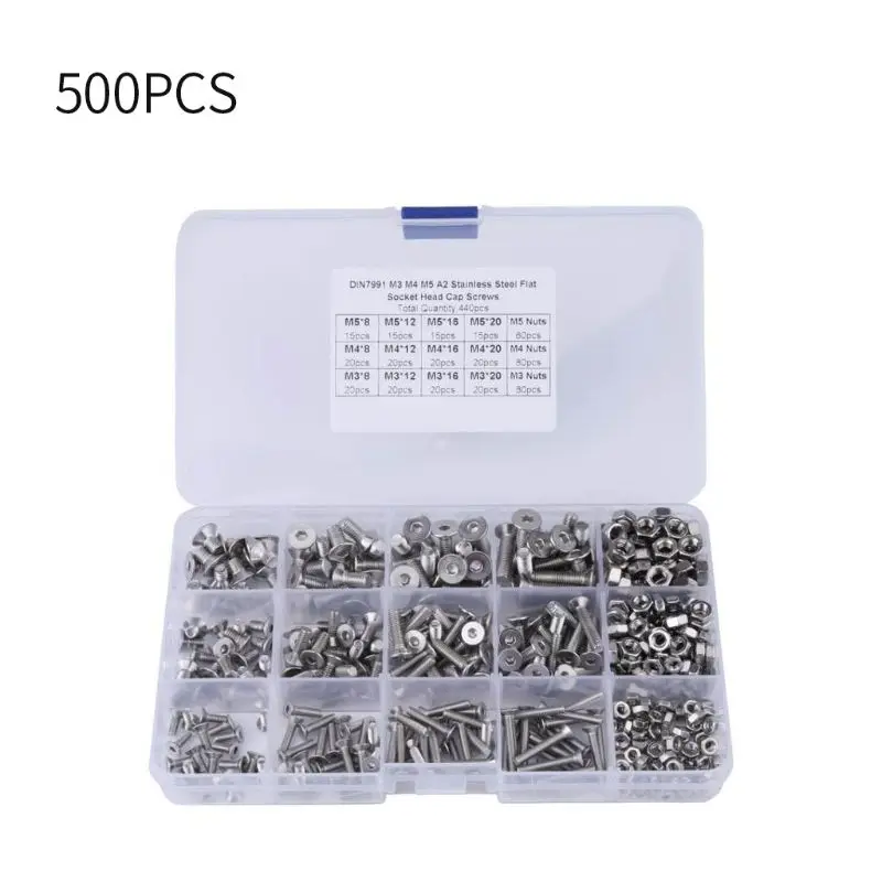 500pcs M3 M4 M5 Screws & Nuts Kit 304 Stainless Steel Countersunk Hex Socket Head Cap
500pcs M3 M4 M5 Screws & Nuts Kit 304 Stainless Steel Countersunk Hex Socket Head Cap