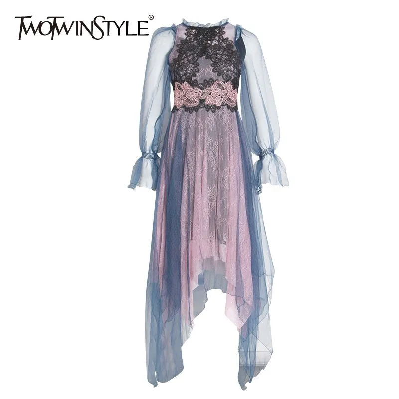 TWOTWINSTYLE Elegant Lace Patchwork Women Dress O Neck Long Sleeve High Waist Asymmetrical Mesh Dresses Female Fashion 2019 New
TWOTWINSTYLE Elegant Lace Patchwork Women Dress O Neck Long Sleeve High Waist Asymmetrical Mesh Dresses Female Fashion 2019 New
