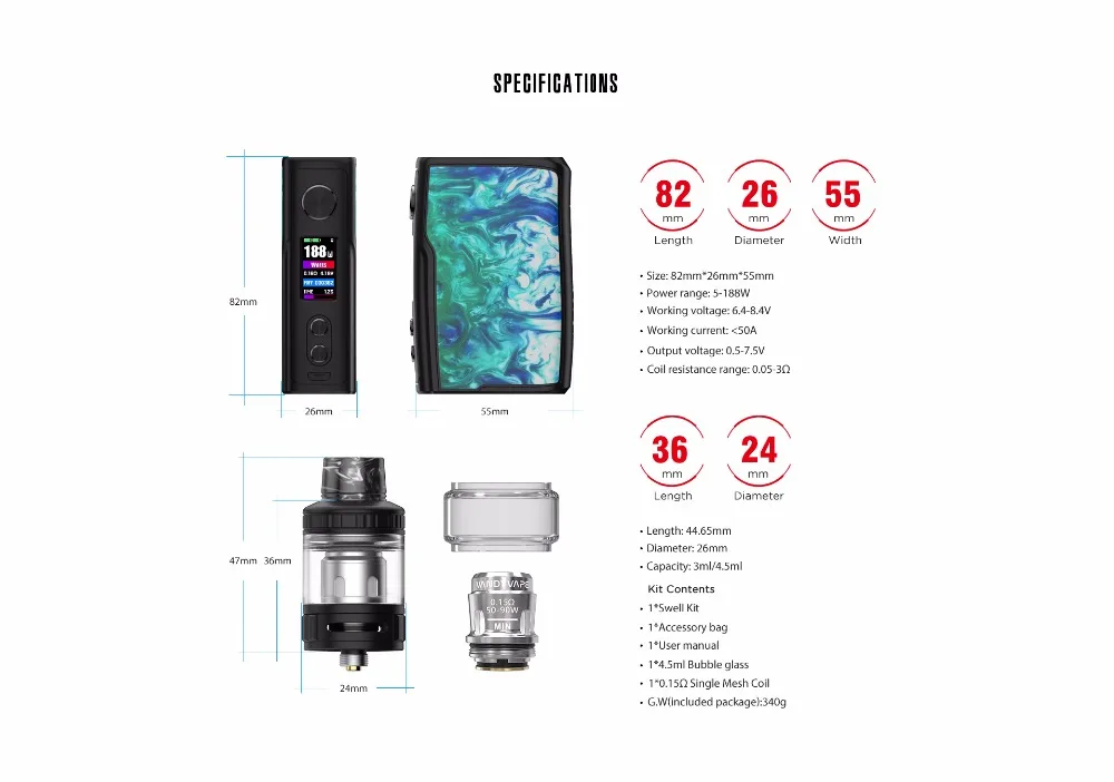 Original Vandy Vape Swell Kit 188W Swell Box MOD 3ml Tank Single Mesh Coil Vandyvape Electronic Cigarette Vape waterproof PCBA 01 (2)