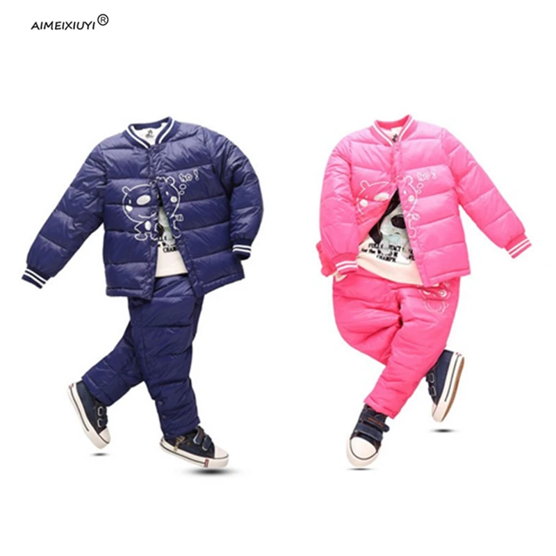 Image AIMEIXIUYI Winter New Kids Clothes Girls Cartoon Down Cotton Jacket Coat+Pants 2 Pcs Boys Set Children Fashion Snow Suits YS1712