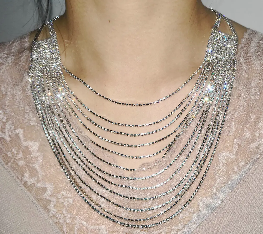 

Women Layered Statement Necklace Waterfall Simulated Diamond CZ Crystal Multi Strand Chain Fashion Jewelry Collar Tassel Choker