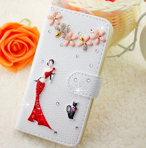 Elegent Red Dress Girl White Embossed PU Leather font b Case b font Cover for iPhone