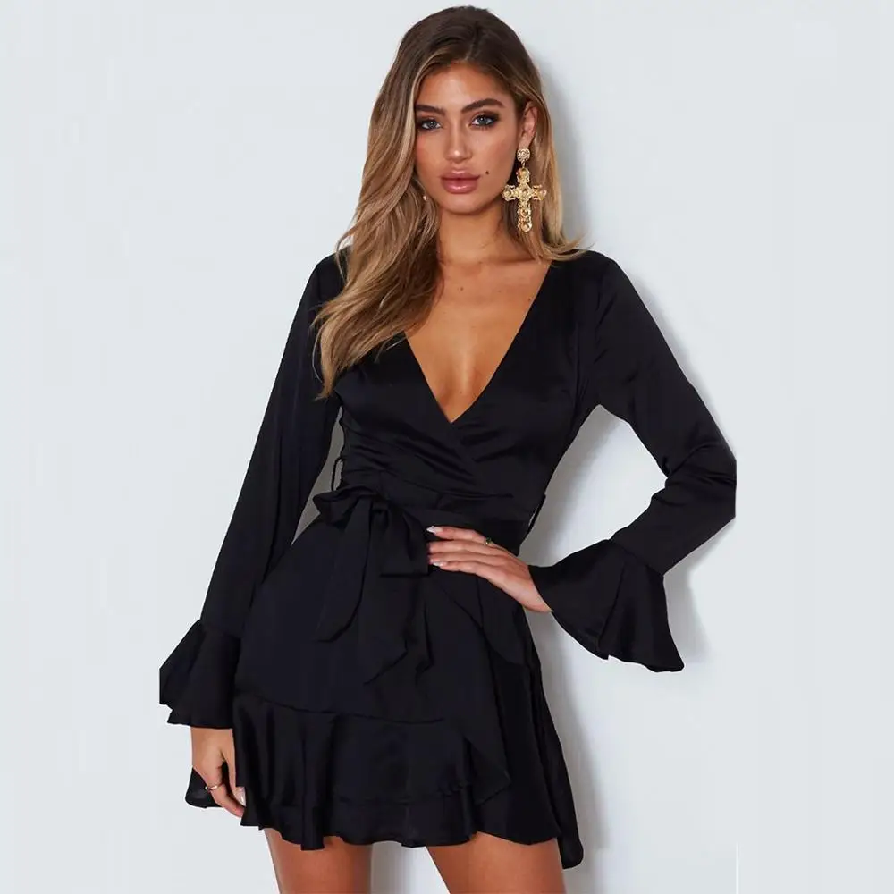 Black Slim Sexy Mini Dress Solid Color Deep V Collar Bow Tie Flare Sleeves Ruffled A-Line Women Ladies Party Club Office Lady
Black Slim Sexy Mini Dress Solid Color Deep V Collar Bow Tie Flare Sleeves Ruffled A-Line Women Ladies Party Club Office Lady