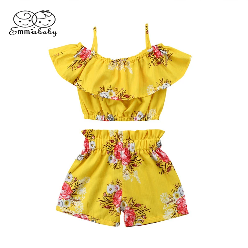 Emmababy Summer Cute Kids 2pcs Clothes Toddler Baby Girl Floral Ruffled Off shoulder Top Vest+Shorts Outfits Set | Детская одежда и