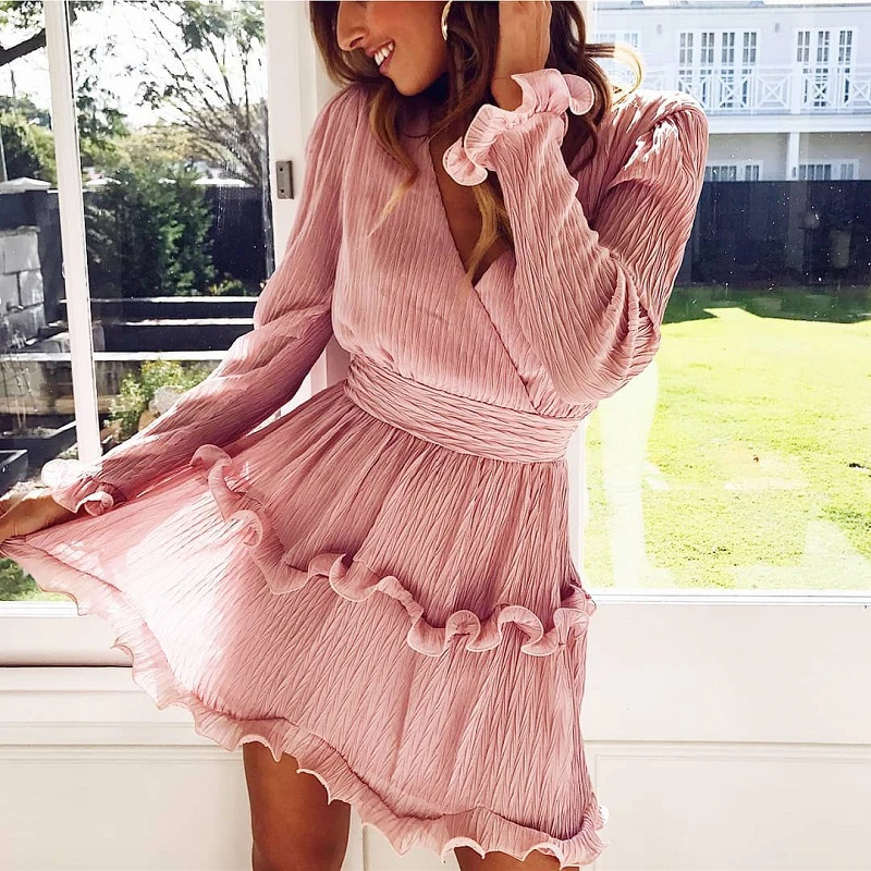 Elegant pleated pink chiffon women dress summer 2019 Long sleeve v neck ruffles sweet white dresses Casual mini dress vestidos
Elegant pleated pink chiffon women dress summer 2019 Long sleeve v neck ruffles sweet white dresses Casual mini dress vestidos