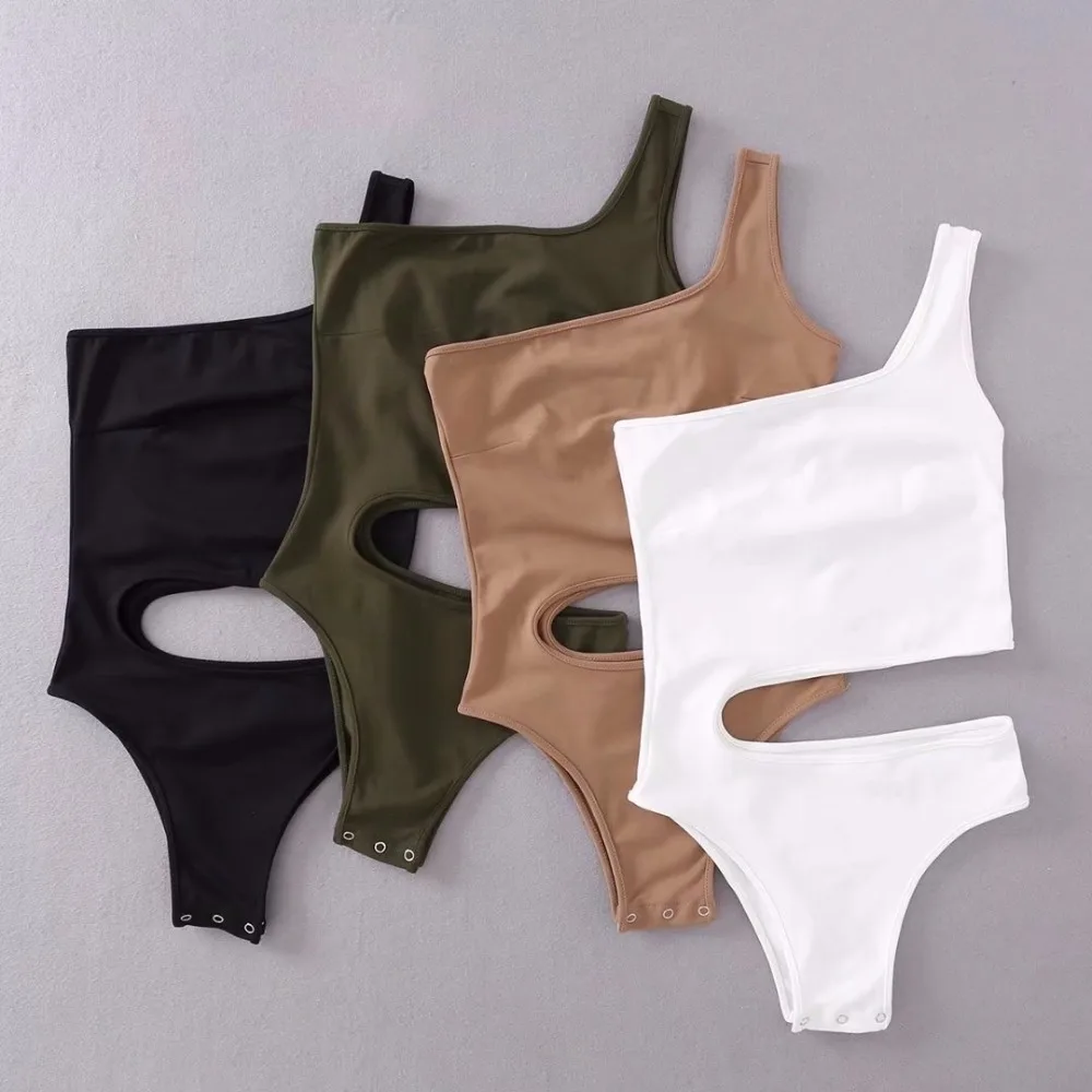 Sexy women's bodysuits causal black white green cotton one shoulder hollowed at waist jumpers European and American style
Sexy women's bodysuits causal black white green cotton one shoulder hollowed at waist jumpers European and American style