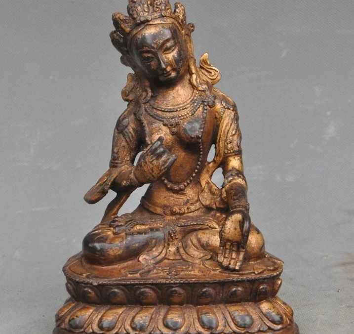 7"Old Tibet Buddhism joss pure bronze White Tara Kwan-yin Guanyin Goddess Statue
