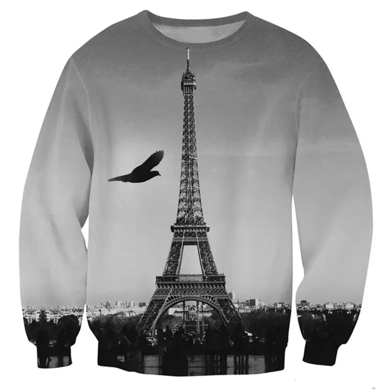 

Eiffel Tower Sweatshirt Men 3D Hoodie Homme Fashion Autumn Winter Long Sleeve Loose Pullovers Grey Color Sweats Tops