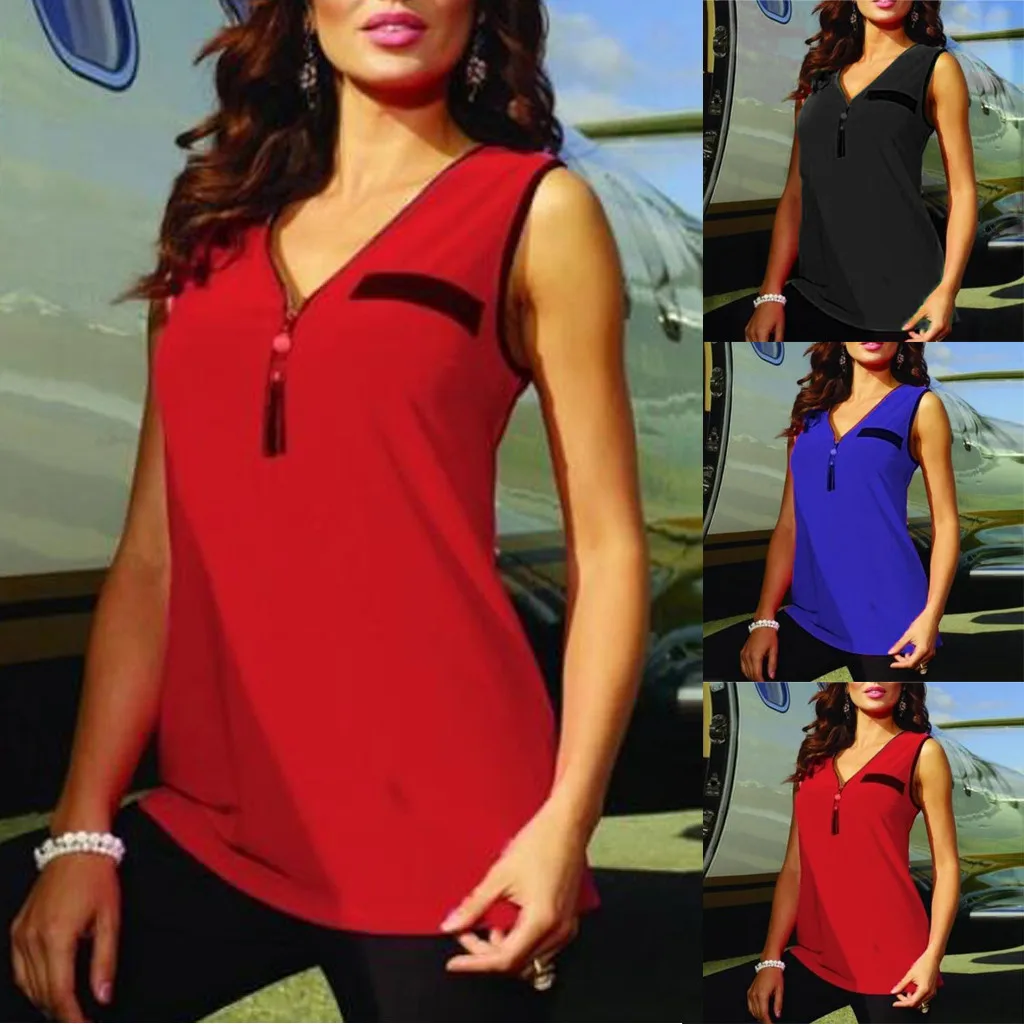 Ladies summer V-neck vest T-shirt tops women's sleeveless zipper solid color shirt casual chiffon vest camisetas mujer tirantes
Ladies summer V-neck vest T-shirt tops women's sleeveless zipper solid color shirt casual chiffon vest camisetas mujer tirantes