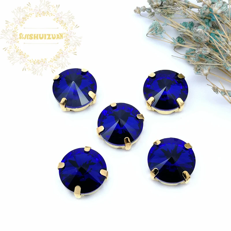New product Satellite Sapphire blue Crystal Glass Sewing Rhinestones with gold Claw DIY Wedding Dresses | Дом и сад