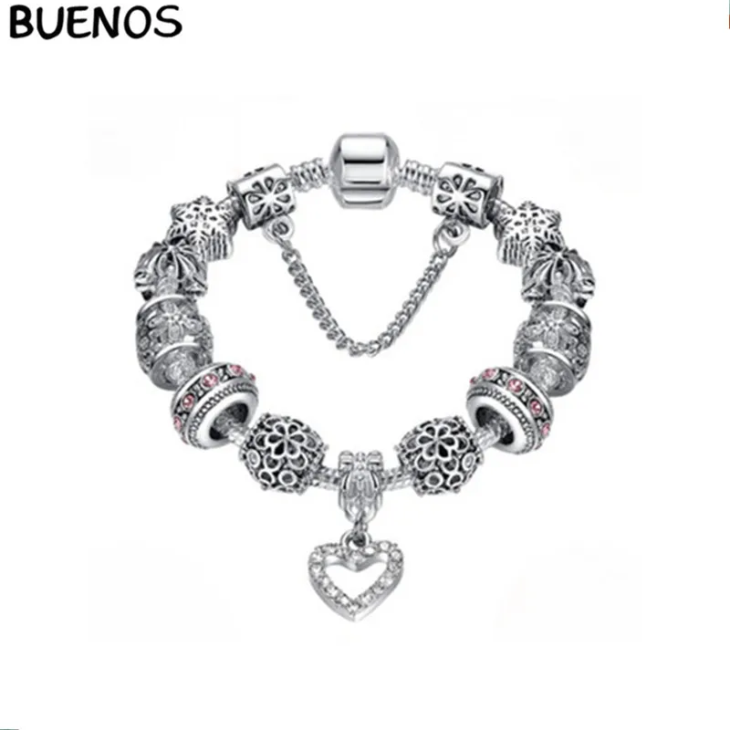 BUENOS Luxury Brand Snowflake Love Unique Silver Crystal Charm DIY Beaded Woman Bracelet Fashion Grace Jewelry Gift | Украшения и