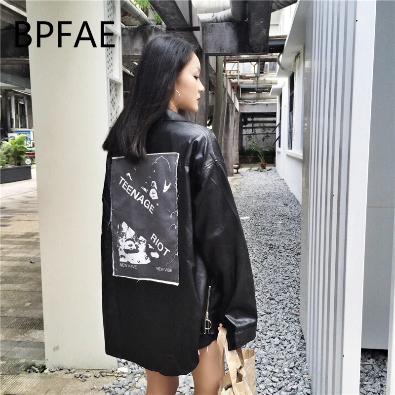 2018 Autumn New Arrival Harajuku Punk Rock Applique Long Sleeve PU Leather Jacket Women Circular Ring Zipper Female Loose Coat
2018 Autumn New Arrival Harajuku Punk Rock Applique Long Sleeve PU Leather Jacket Women Circular Ring Zipper Female Loose Coat