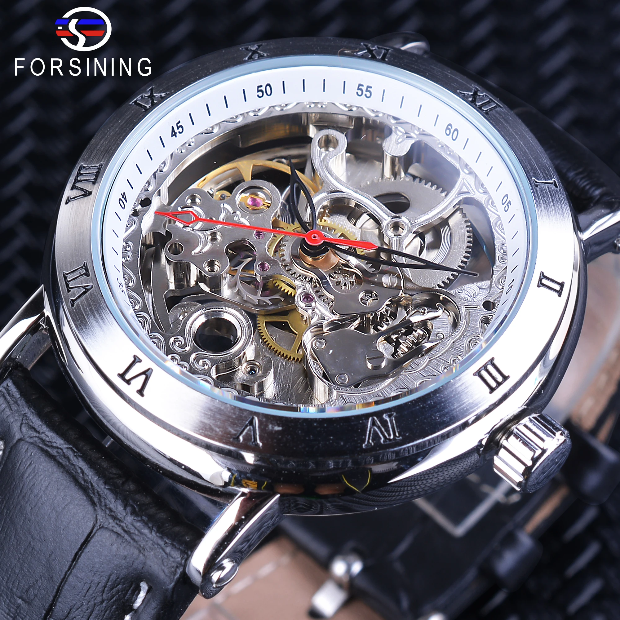 Forsining Automatic Watch Silver Case Openwork Watches Black Genuine Leather Band Flower Movement Transparent Waterproof Design
Forsining Automatic Watch Silver Case Openwork Watches Black Genuine Leather Band Flower Movement Transparent Waterproof Design