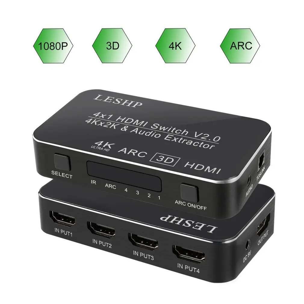 LESHP 4-Port 4x1 High-definition Multimedia Interface HDMI Switch V2.0 4Kx2K ARC Full HD 1080P Supports MHL LED Indicator
LESHP 4-Port 4x1 High-definition Multimedia Interface HDMI Switch V2.0 4Kx2K ARC Full HD 1080P Supports MHL LED Indicator