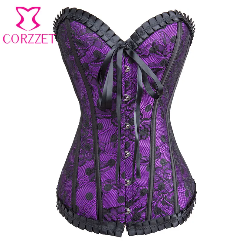

Overlay Black Lace Polka Dot Satin Purple Bustier Corset Burlesque Ladybug Gothic Clothing Corpetes E Espartilhos Sexy Corselet