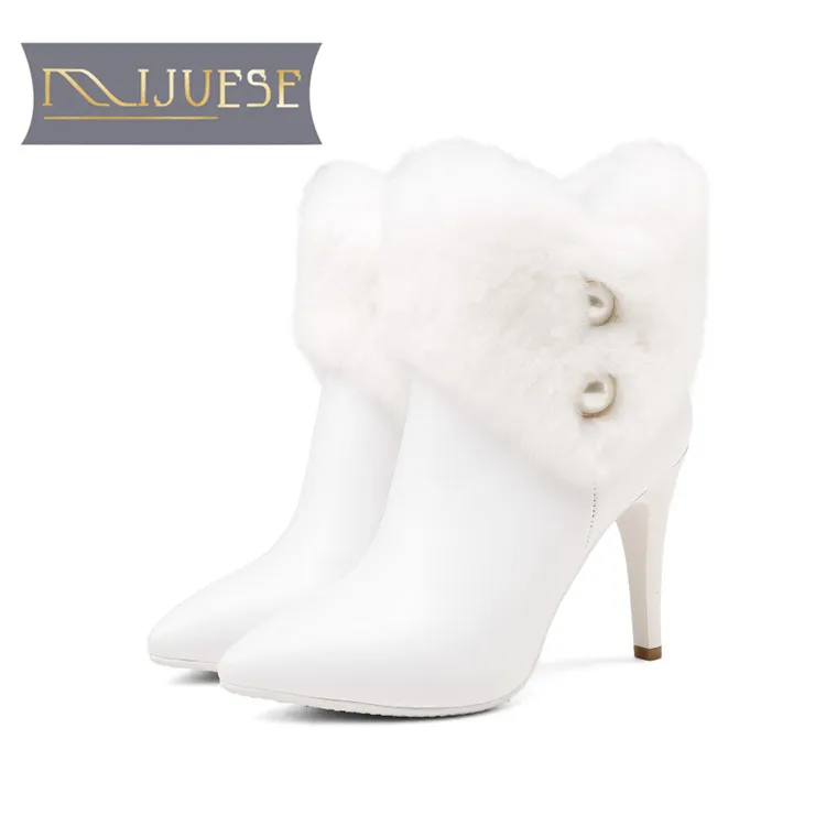 MLJUESE 2018 women ankle boots cow leather rabbit hair zippers pearls winter short plush white color snow | Обувь
