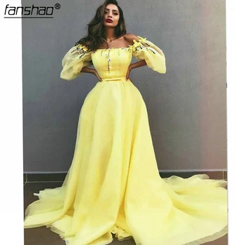 Shiny Yellow Evening Dresses With Puffy Half Sleeves A line Evening Gowns Slash Neck Off Shoulder Dubai Gowns-in Evening Dresses
Shiny Yellow Evening Dresses With Puffy Half Sleeves A line Evening Gowns Slash Neck Off Shoulder Dubai Gowns-in Evening Dresses