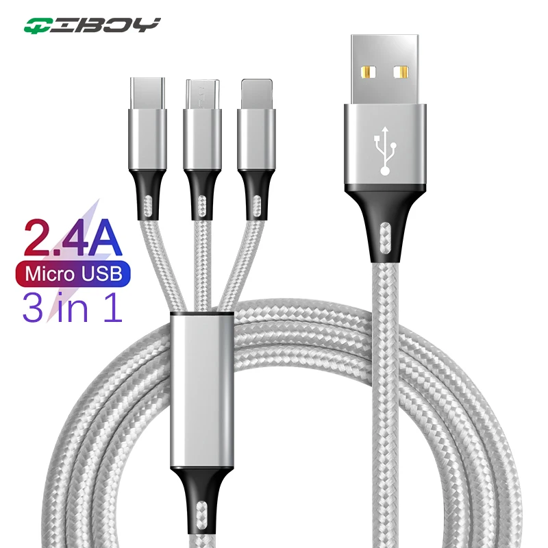 3 in 1 USB Cable For Mobile Phone Charger 2.4A Fast Charging Wire For iPhone X Samsung S10 Type C Android Micro USB Cable Charge
3 in 1 USB Cable For Mobile Phone Charger 2.4A Fast Charging Wire For iPhone X Samsung S10 Type C Android Micro USB Cable Charge